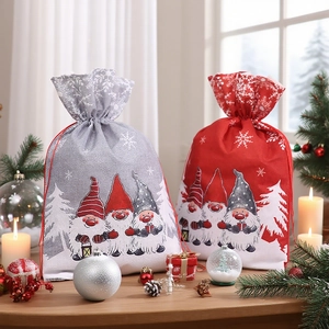 Large Christmas Gift Bags Burlap Linen Drawstring Packaging Bags Forest Gnome Print Holiday Candy Bag Kids Festive Decoration