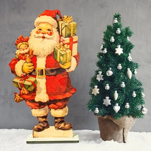 Wooden Santa Claus desk ornament with gift boxes and mini Christmas tree decoration