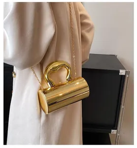 Golden cylindrical acrylic evening bag with mirror finish and snake chain on cream coat