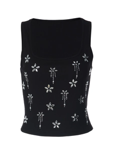 Débardeur court noir en maille à col en U avec broderie florale en strass