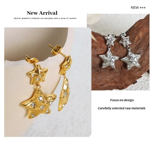 Detail of star shaped drop earrings with hammered texture and sparkling zircon inlay