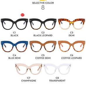 Griglia dettagliata di montature per occhiali cat-eye in TR90 in otto colori diversi