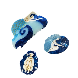 Artistic mermaid acetate hair claw clips set in navy blue, light blue, and creamy white