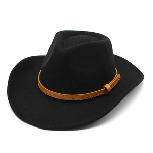 Classic black wool western cowboy hat with brown braided band shown from a side view