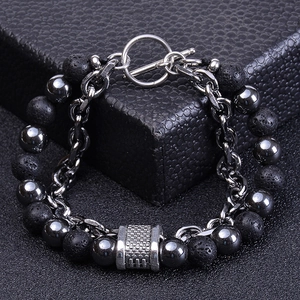 Men Bracelet Natural Lava Rock Tiger Eye Hematite Stainless Steel Double Layer Cuban Chain Toggle Clasp Retro Punk Fashion Accessory