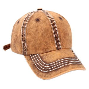 Vintage washed brown cotton baseball cap with white contrast stitching and adjustable strap