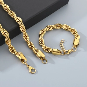 10mm gold plated stainless steel twist chain necklace and bracelet jewelry set with box