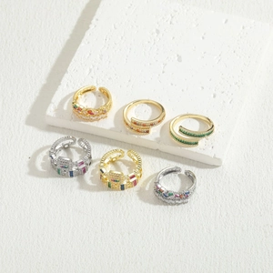Luxurious double-layer geometric open rings with colorful cubic zirconia in gold and silver