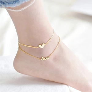 Bracelet De Cheville Double Couche En Acier Titane Avec Pendentif Coeur Et Love Bijoux Minimalistes Pour Femmes