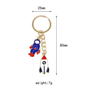 Detail view of astronaut and rocket keychain with 80mm length and 7g weight specs