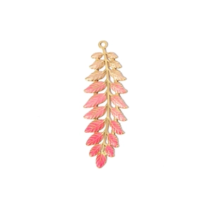 Detailed view of pink enamel flower leaf charm with golden stainless steel finish