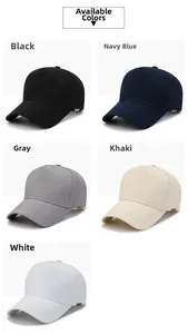 Detailed grid showing 5-panel baseball caps in black, navy, grey, khaki and white cotton