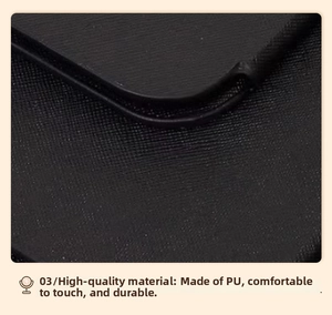 Macro shot of durable black PU leather folding mirror showing high-quality cross grain texture