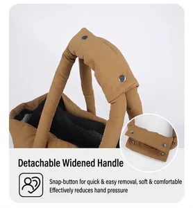 Detail des abnehmbaren breiten Griffs und Druckknopfs der braunen gesteppten Tiertasche
