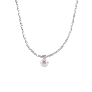 Silver碎银 chain necklace with white round pearl and zircon pendant on white background