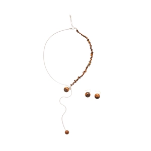 Stainless steel tiger eye beaded jewelry set featuring necklace and earrings on white