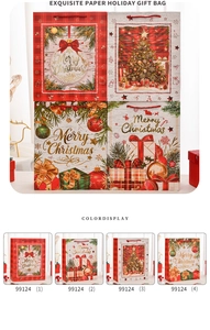 Detailed macro view of four different Christmas paper gift bags with Merry Christmas prints