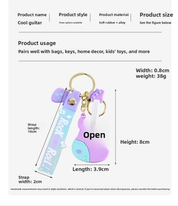 Detailed view of blue guitar keychain with size measurements and Rock and Roll silicone strap