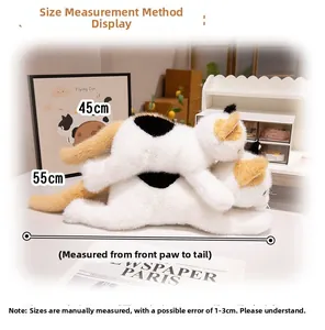 Detail showing measurement of cute calico plush cat doll from front paw to tail
