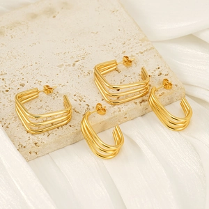 Triple Layered Geometric Hoop Earrings 18K Gold Plated Stainless Steel Minimalist Square C Shaped Fashion For Women