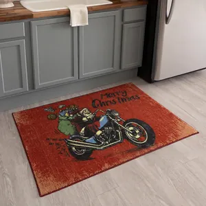 Christmas welcome mat featuring Santa Claus on a vintage motorcycle with Merry Christmas text