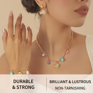 Close-up of rainbow themed jewelry set with HAPPY pendant and colorful charms on model