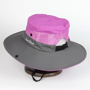 Detail view of purple mesh breathable panel and SunShade embroidery on outdoor sun hat