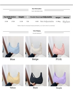 Detailed size specifications and color options for the lightweight nylon crescent bag