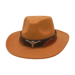 Classic camel wool felt cowboy hat featuring a silver bull head emblem and leather band