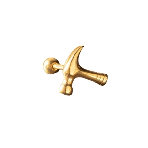Men's gold stainless steel hammer shaped stud earring with textured handle on white background