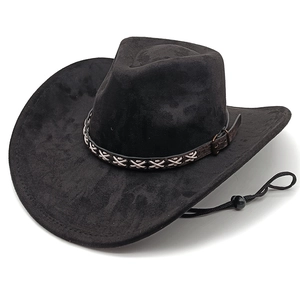 Black suede western cowboy hat with wide brim, leather band, and adjustable wind rope