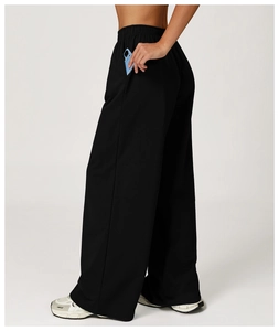 Detail of high waist wide leg sweatpants showing side pocket and breathable fabric