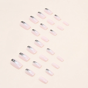 Minimalist square press-on nails with pink base and silver glitter gradient finish
