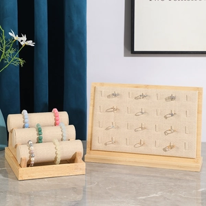 Jewelry Display Stand Bamboo Wood Base Linen Burlap Necklace Holder Ring Organizer Bracelet Rack Portrait Bust Showcase
