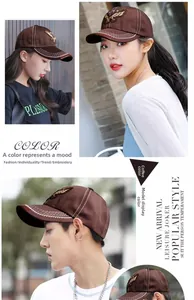 Detail of coffee brown baseball cap with golden eagle embroidery and white stitching lines