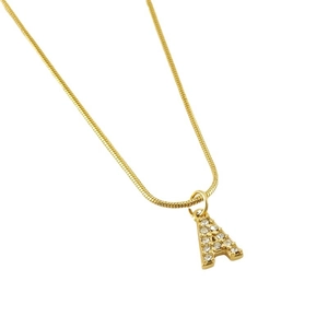 Gold plated snake chain necklace with sparkling crystal initial A pendant for women