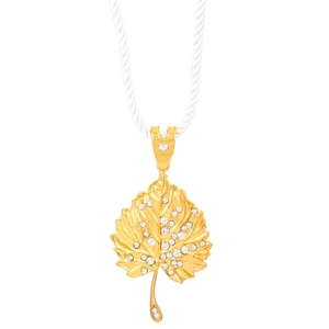 Golden maple leaf pendant necklace with white crystals on a white cotton cord