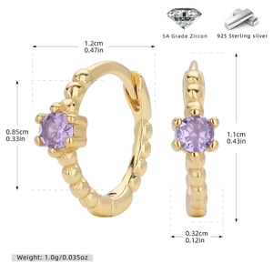 Detailed view of S925 sterling silver gold hoop earrings with purple 5A cubic zirconia