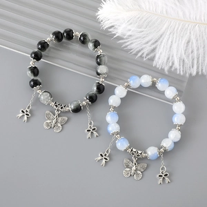 Bracelets de perles en verre style chinois moderne avec papillons en argent et plumes
