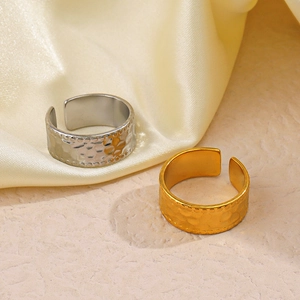 Hammered texture adjustable stainless steel wide band rings in gold and silver finish