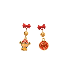 New Chinese style lucky lion dance earrings with red bows and Gongxi Facai characters