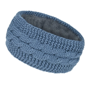 Detail of blue knitted winter headband showing soft grey fleece lining texture