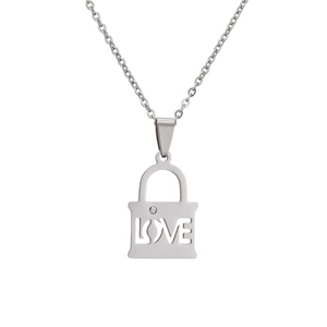 Silver stainless steel music note lock necklace with LOVE cutout and crystal accent