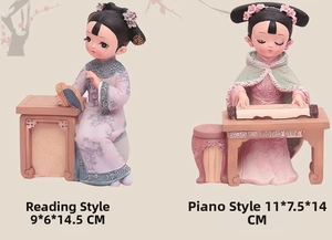 Detailed views of Qing Dynasty style figurines playing zither and reading with dimensions