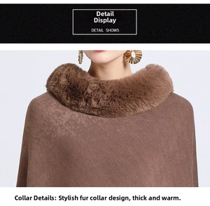 Detailed view of the thick faux rabbit fur collar on a dark brown knitted winter poncho