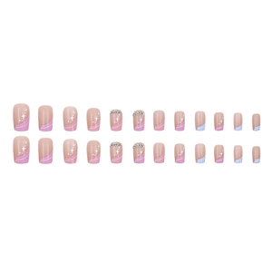 French star glitter press-on nails with pink purple gradient and rhinestone accents