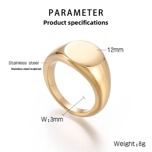 Detailed specs of a 12mm gold stainless steel ring with 3mm band width and 8g weight