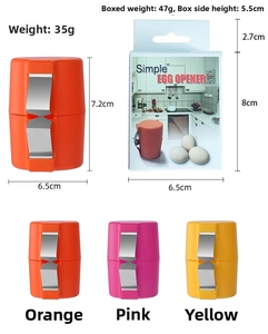 Three-color egg shell opener set with compact dimensions and retail packaging box