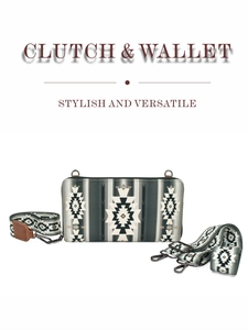 Detail of bohemian geometric pattern canvas clutch with adjustable fabric strap and zipper