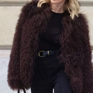 Furry dark brown faux fur jacket with lapels and warm long sleeves for winter fashion